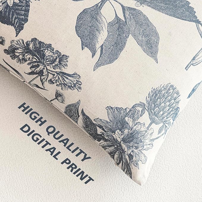 Foindtower Set of 2 Linen Floral Vintage Throw Pillow Covers Neutral Accent Print Decorative Cushion Covers Farmhouse Boho Home Decor for Sofa Chair Couch Bedroom Living Room,18×18 Inch,Blue