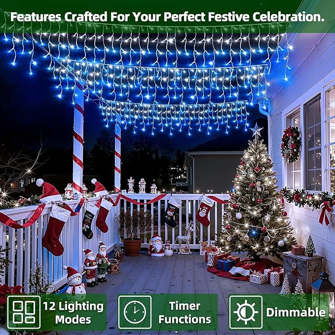 612 LED Christmas Lights with 136 Drops, 60ft 12 Modes Hanging ice String Lights with Timer & Dimmable & Waterproof, Plug-in Fairy Lights for Holiday Wedding Party Christmas Decor Blue & CoolWhite