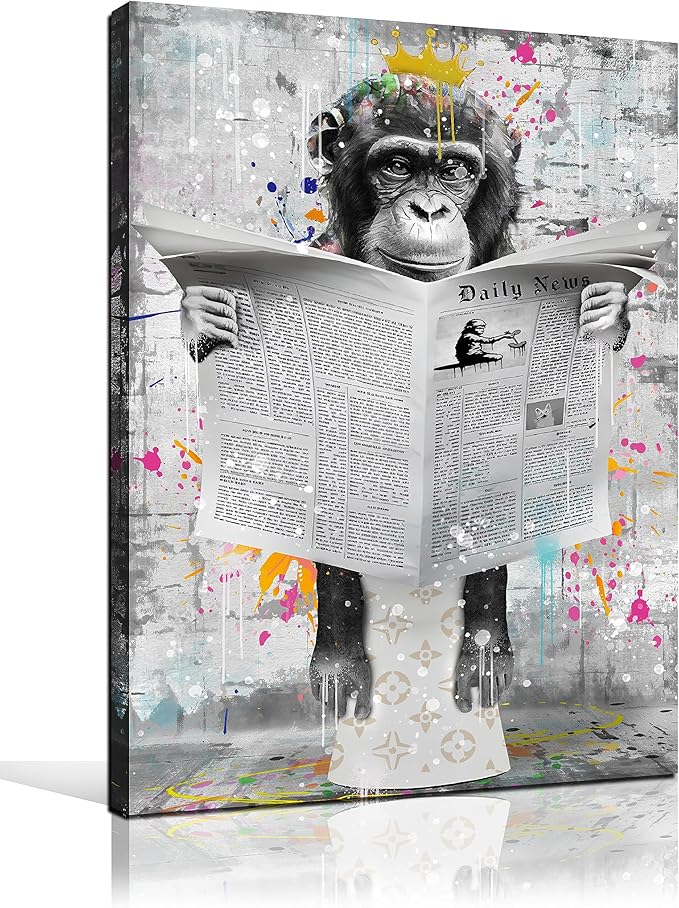 GUGIKA Monkey Wall Art for Bathroom, Funny Graffiti Art Wall Decor for Bedroom, Black and White Painting Canvas for Living Room, Restroom Picture, 16x24 Inch