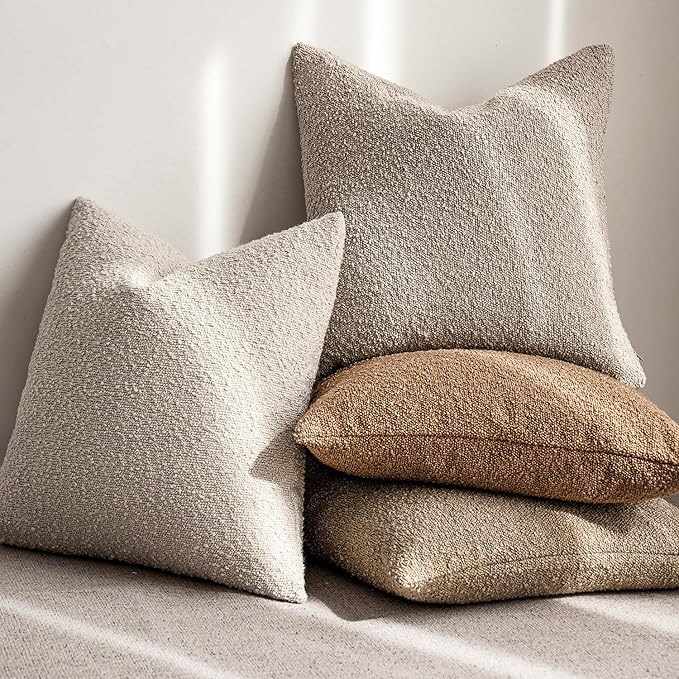 Foindtower Set of 2, Decorative Textured Boucle Throw Pillow Covers Accent Solid Pillow Cases Neutral Soft Cozy Couch Cushion Case for Chair Sofa Bedroom Living Room Home Decor 16 x 16 Inch,Oatmeal
