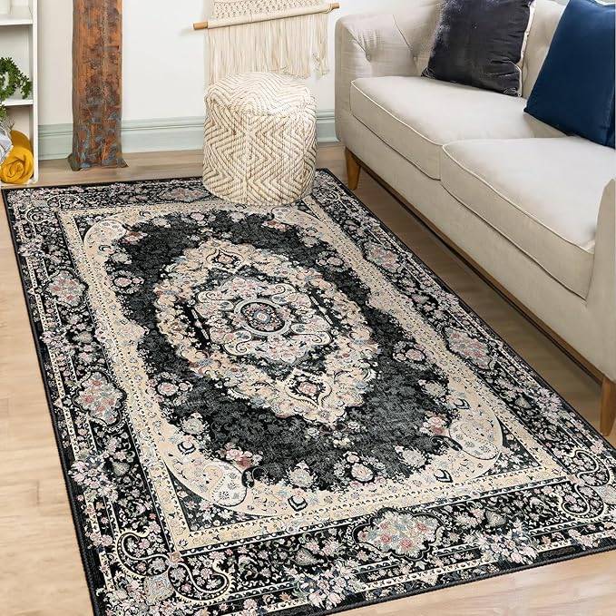 Black Rug 3x5,Washable Area Rugs for Bedroom Living Room Kitchen Entryway,Small Boho Vintage Bohemian Distressed Non Slip Carpet,Floral