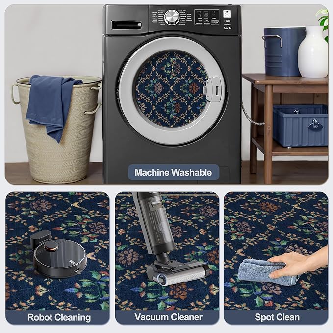 Tangsoo 2x6 Washable Runner Rug for Hallways, Non Slip Moroccan Trellis Blue Floral Carpet Runner, Soft Low Pile Floor Carpet Runner for Kitchen, Laundry, Bedroom, Bathroom, Living Room Home Decor