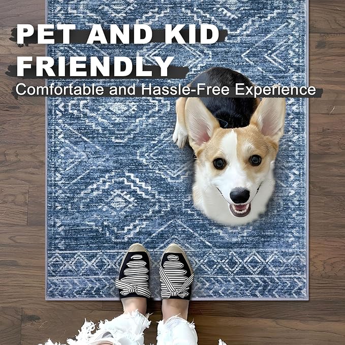 KILOCOCO Runner Rug 2x6 Hallway Runner Rugs Washable Kitchen Runners Non Slip Printed Distressed Blue Laundry Room Rug, Low-Pile Soft Rug Runners for Entryway Bedroom Living Room Bathroom