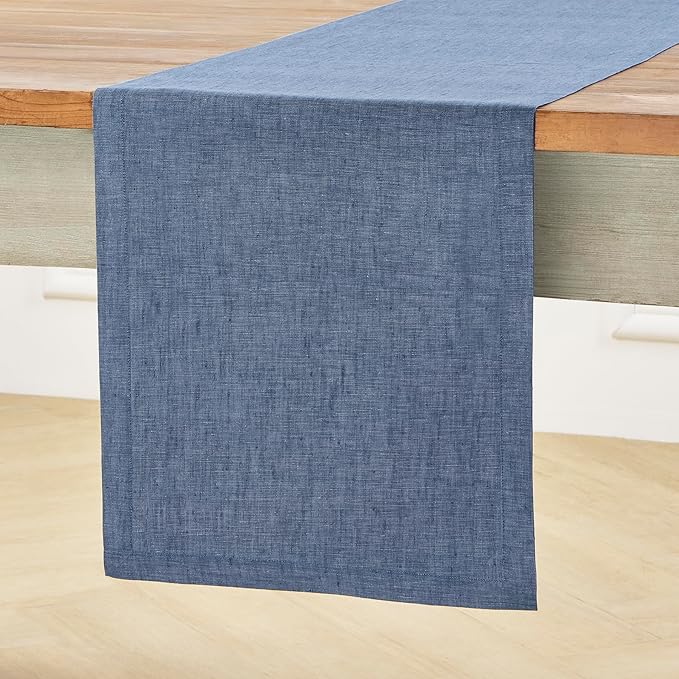 Solino Home Linen Table Runner 72 Inches Long - Athena, 100% Pure Linen Blue Denim Dining Table Runner 14 x 72 Inch for Winter, Spring, Easter