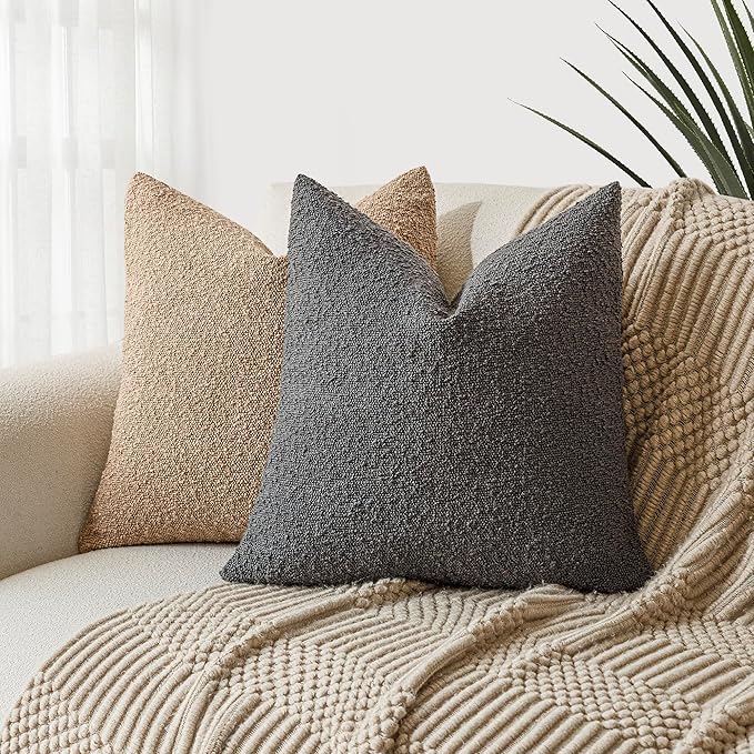 Foindtower Set of 2, Decorative Textured Boucle Throw Pillow Covers Accent Solid Pillow Cases Neutral Soft Cozy Couch Cushion Case for Chair Sofa Bedroom Living Room Home Decor 26 x 26 Inch Dark Grey