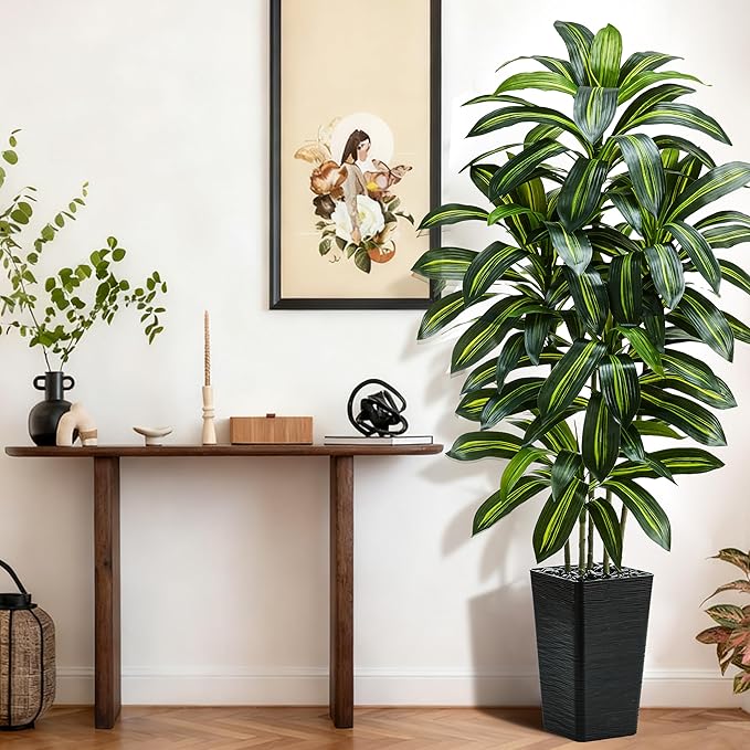 Artificial Dracaena Tree：6FT Faux Silk Tropical Yucca Floor Trees Realistic Fake Green Plant with Natural Wood Trunk & Lifelike Leaves for Home Office Decor Indoor & Outdoor (6FT,1-Pack,Black)