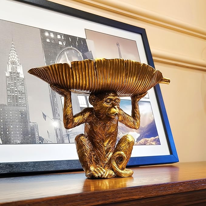 Adorable Monkey Fruit Key Jewelry Tray Bowl Resin Statue Catchall Tray Vintage Decor for Home Office Gift