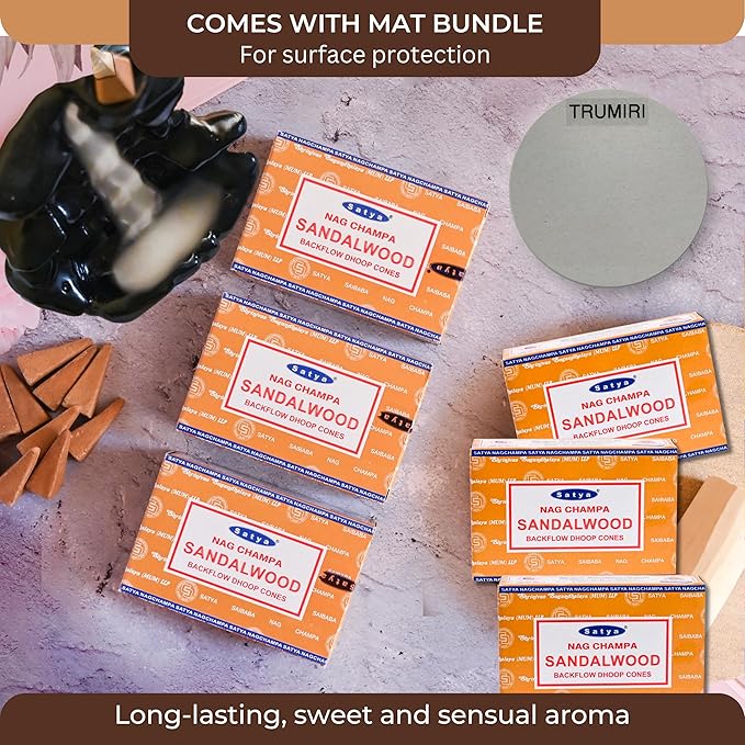 Sandalwood Backflow Incense Cones for Waterfall Aromatic Smoke Fountain Haze Falls and Mat Bundle - Pack of 6
