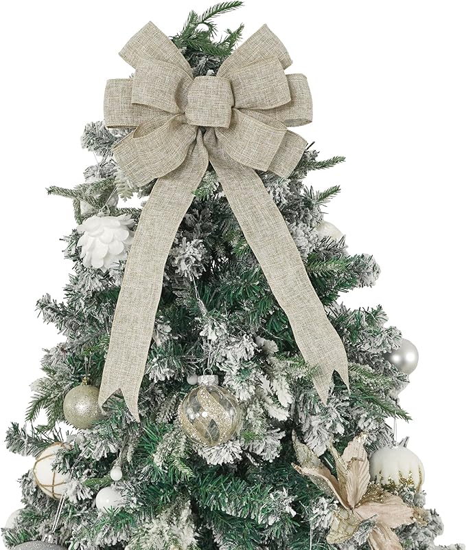 13" Burlap Wired Ribbon Bow Christmas Tree Topper Bow, Rustic Bow Party Decorations, Premade Bows with Twist Tie, Large Gift Bow for Outdoor Wreath, Wedding, Holiday, Birthday-1 PCs