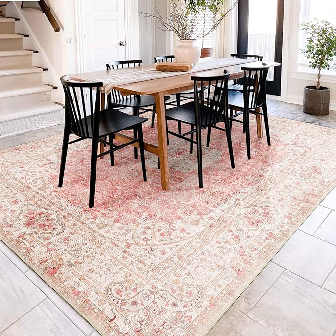 8x10 Area Rugs Washable,Pink Rug for Living Room Bedroom Dining Room,Large Boho Vintage Bohemian Distressed Carpet Non Slip,Blush