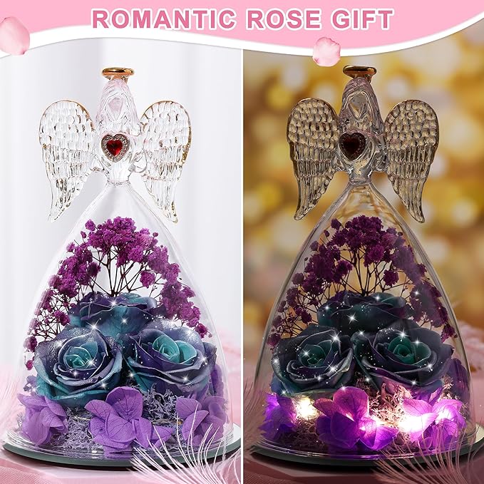 Mothers Day Rose Gifts for Women, Large Angel Figurines with Real Roses, Preserved Real Flower Rose for Her, Glittery Blue Purple