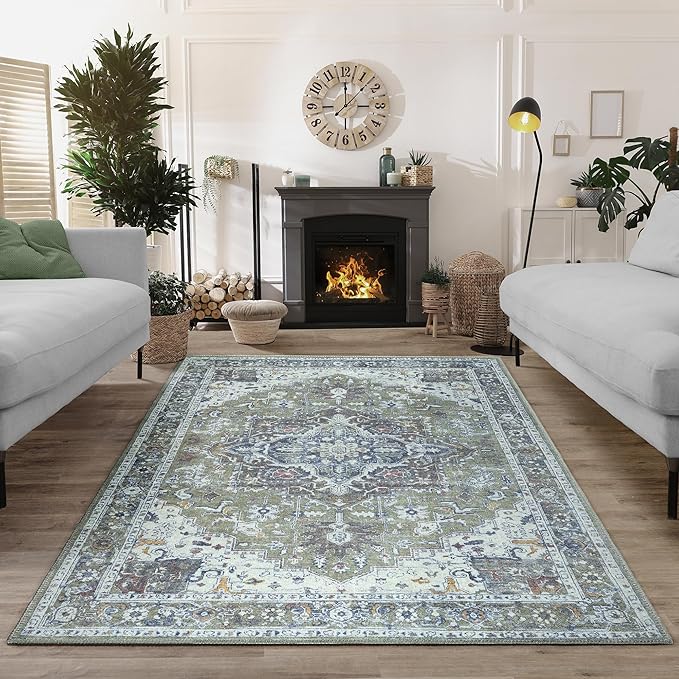 Bloom Rugs Washable Non-Slip 5' x 7' Rug - Green/Blue Traditional Medallion Area Rug for Living Room, Bedroom, Dining Room, and Kitchen - Exact Size: 5' x 7'