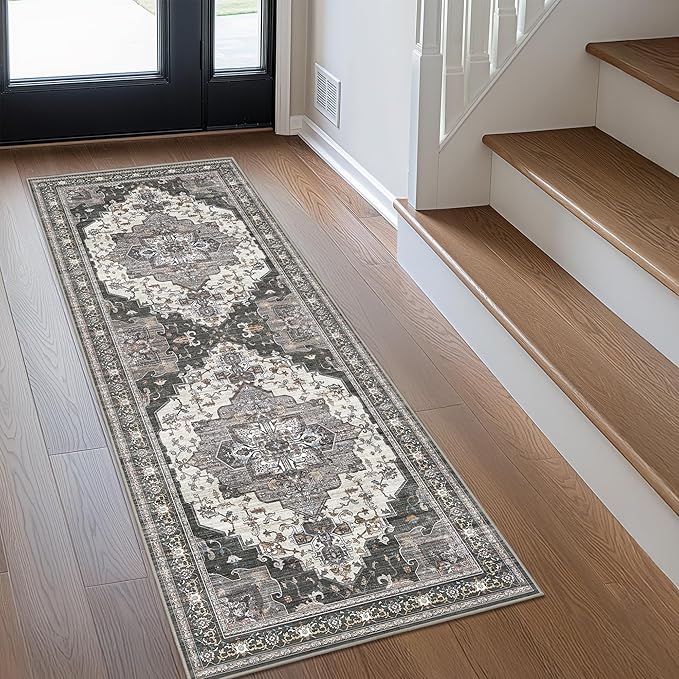 GENIMO 2X8 Hallway Runner Rug, Machine Washable Non Slip Vintage Floral Patchwork Runners, Thin Low Pile Chenille Carpet Runners for Entryway, Kitchen, Bathroom, Bedroom, Slate Gray