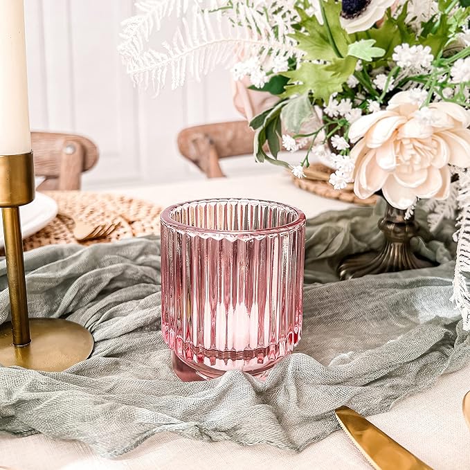 Blush Pink Vintage Ribbed Glass Tealight Votive Candle Holders by Kate Aspen (Set of 6), Pink Decor, Boho Decor, Shelf Decoration, Rose Gold Look | Perfect Hostess Gift
