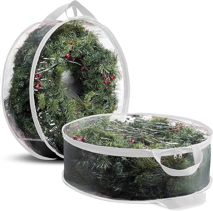 ZOBER 2 Pack Christmas Wreath Storage Container 36 Inch - Wreath Bag for Artificial Wreaths Box - Dual Zippered Wreaths Storage Bag with Durable Stitch Reinforced Handles - White