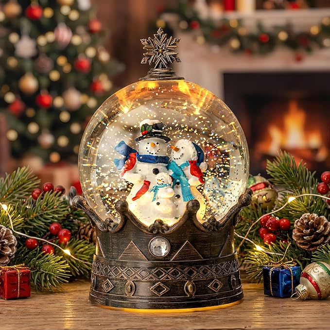 Christmas Snow Globe Lantern Water Glittering Snowman Family Crown with Music, USB Lined/Battery Operated Lighted Lantern for Christmas Festival Decoration Gifts