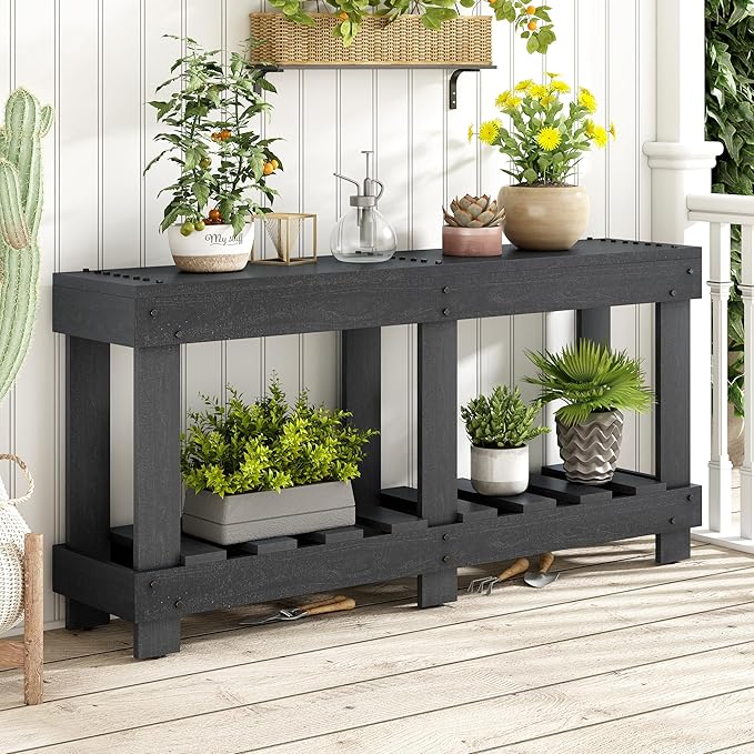 Vintage Entryway Console Table with 6 Legs & Thick Desktop, Solid Cedar Wood Long Accent Table Sofa Table with Metal Rivet Decor& Plank Under-Shelf for Hallway, Living Room (Black-6.3)