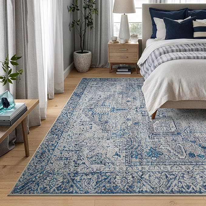 Bloom Rugs Washable Non-Slip 9' x 12' Rug - Blue/Gray Traditional Area Rug for Living Room, Bedroom, Dining Room, and Kitchen - Exact Size: 9' x 12'