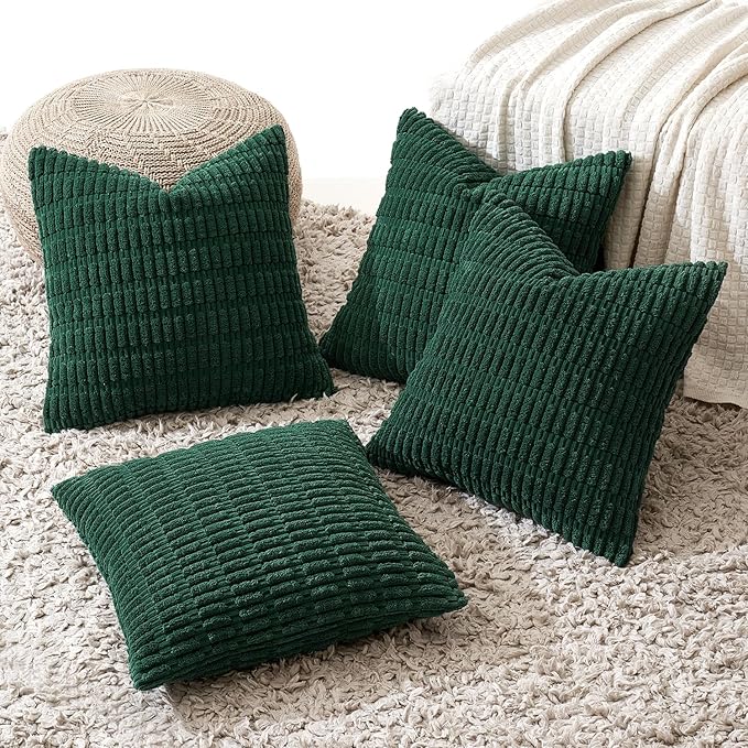 MIULEE Pack of 4 Christmas Dark Green Corduroy Decorative Throw Pillow Covers 18x18 Inch Soft Boho Striped Pillow Covers Modern Farmhouse Home Decor for Sofa Living Room Couch Bed