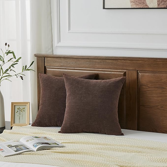 GAWAMAY Decorative Square 16x16 Inch Throw Pillow Covers Set of 2, Super Soft Chenille Pillows Farmhouse Fall Pillowcase for Living Room Bedroom Sofa Couch Cushion Cover Coffee 40x40cm (No Inserts)