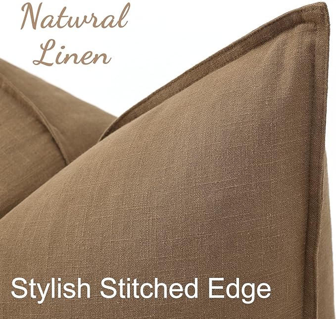 decorUhome Christmas Decorative Linen Throw Pillow Covers 20x20 Inch Set of 2 Khaki Brown Soft Pillow Covers with Flange Edges Soft Farmhouse Boho Accent Pillow Cases for Couch Sofa Bed Living Room