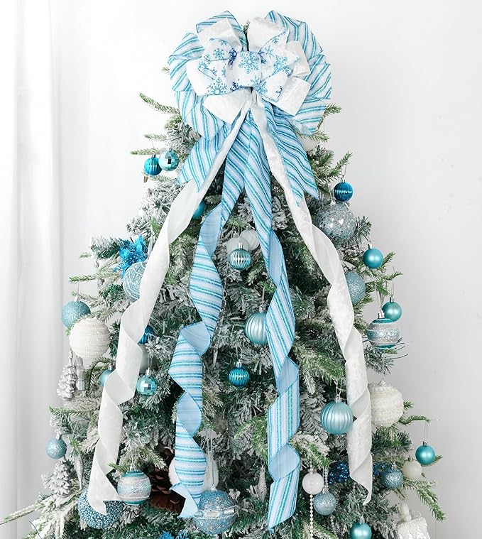 HUIHUANG Blue and White Christmas Tree Topper Bow 13 inch x 45 inch Large Christmas Bows Snowflake Velvet Bows for Christmas Tree Ornament, Wreaths, Staircase, Mantel, Home Decor