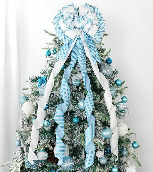 HUIHUANG Blue and White Christmas Tree Topper Bow 13 inch x 45 inch Large Christmas Bows Snowflake Velvet Bows for Christmas Tree Ornament, Wreaths, Staircase, Mantel, Home Decor