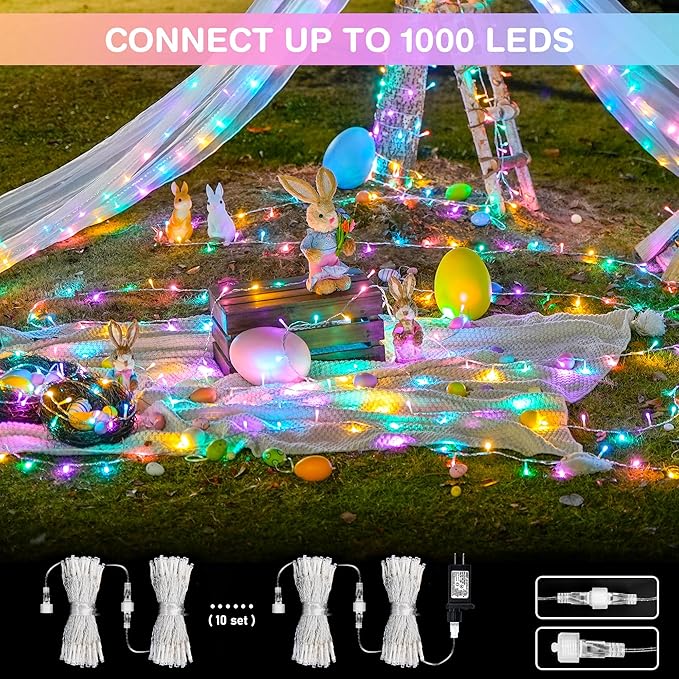 JMEXSUSS 2 Pack 100 LED Easter String Lights Indoor Outdoor, 33ft Multicolor Easter Lights Plug in, 8 Modes Connectable Colorful Christmas String Lights for Easter Bedroom Party Decorations