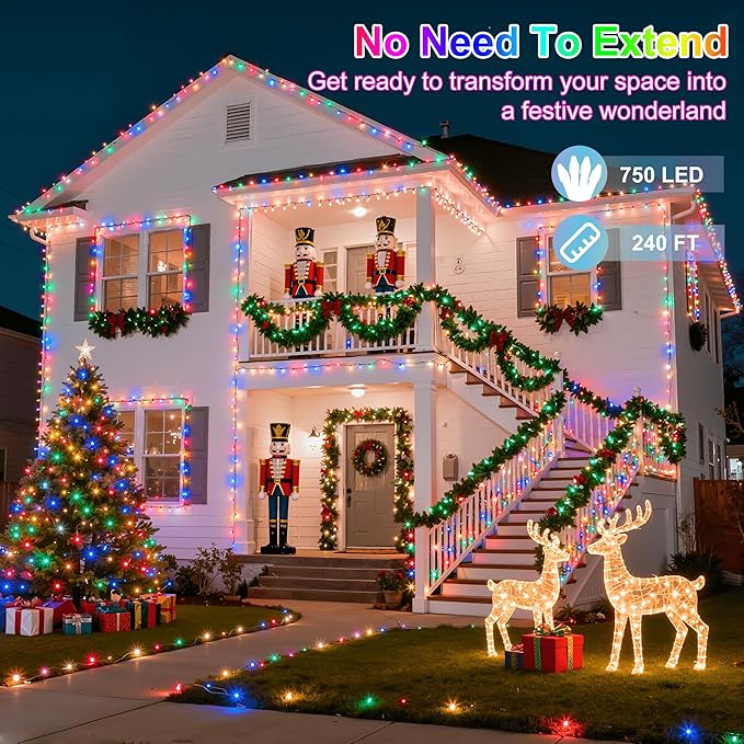 240FT 750LED Christmas Lights,12 Modes Multicolor Outdoor String Lights with Timer & Dimmable, Waterproof Green Wire Christmas String Lights for Indoor Tree Xmas Patio Fence Wedding Party Decor