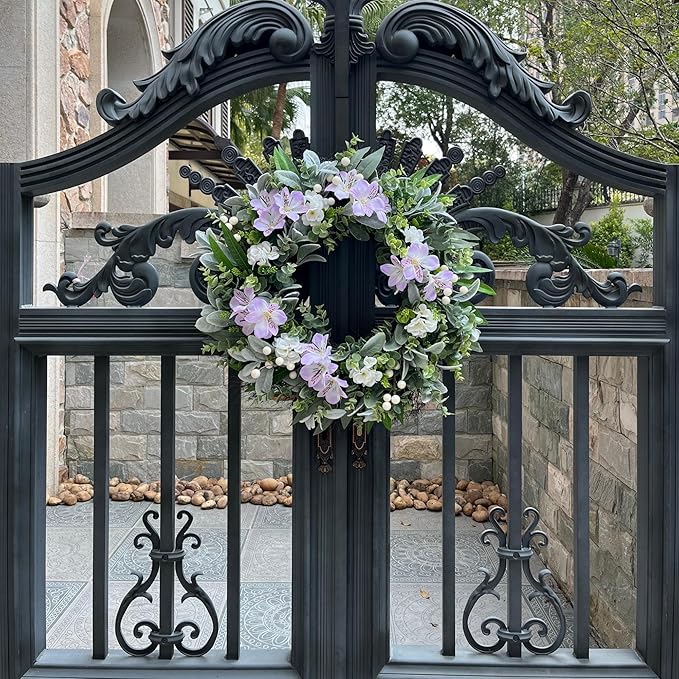 24 Inch Spring Wreaths for Front Door – Artificial Lamb Ear Leaf Wreath with White & Purple Flowers, Farmhouse Greenery Elegant Floral Wreath for Home Wall Decor, Durable Indoor Outdoor Use
