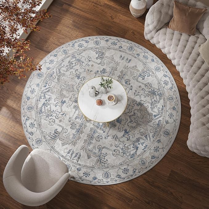 jinchan Lima Round Rug 6ft Vintage Machine Washable Area Rug Indoor Circle 6' Ultra-Thin Non-Slip Floral Print Carpet for Farmhouse Entryway Dining Room Living Room Bedroom Office (6'Round, Blue)