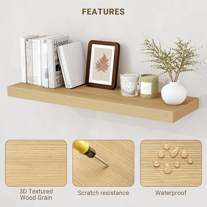 32 Inch Floating Shelves, 3D Textured Wood Grain, 32"x9.25"x1.5" Inch Deep Floating Shelves for Wall, Wooden Shelves for Bathroom, Bedroom, Living Room, Natural, 2 Pieces