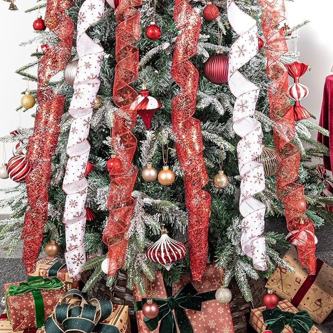 Red and White Snowflake Glitter Topper Bow for Christmas Tree 11 Inch Topper Bow with 6 Ribbons 3 Yards Long Each Tails Christmas Tree Ribbon Bows Elegant Holiday Décor