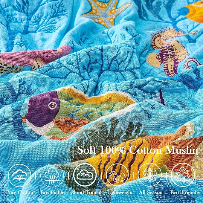 Blue Boho Blanket, 90"x98" Soft Farmhouse Decorative Throw Blanket, 100% Cotton Reversible Vintage Muslin Quilt Bohemian Decor Woven Blanket All Season Blankets for Sofa Couch Chair