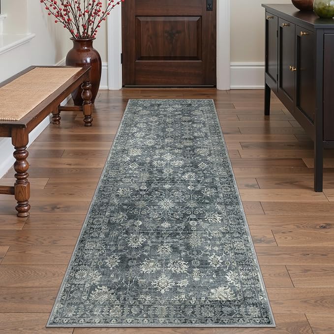 GENIMO Runner Rug 2x12 Non Slip Machine Washable Vintage Hallway Runner Rug, Low Pile Lightweight Rugs for Entryway, Hallway, Kitchen and Corridor, Ashen Taupe