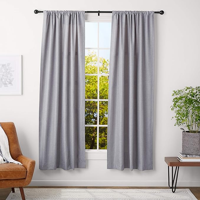 Amazon Basics Adjustable Curtain Rods for Windows, Round Finials, 1-Inch Rod, 36" to 72", Black, Pack of 2