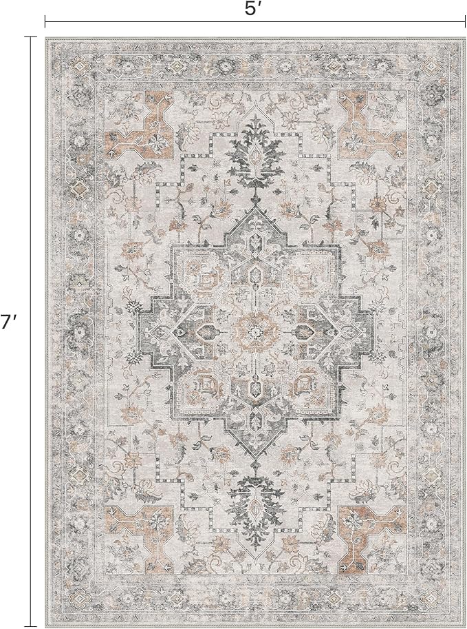 5X7 Area Rugs for Living Room, Machine Washable Non Slip Vintage Rugs, Low Pile Lightweight Print Rug for Bedroom, Dining Room, Home Office, Light Taupe Brown