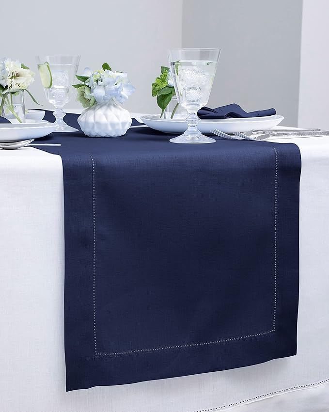 Solino Home Linen Navy Blue Table Runner 120 Inches Long - 100% Pure Linen Hemstitch 14 x 120 Inch Table Runner for Dining, Easter - Classic Hemstitch