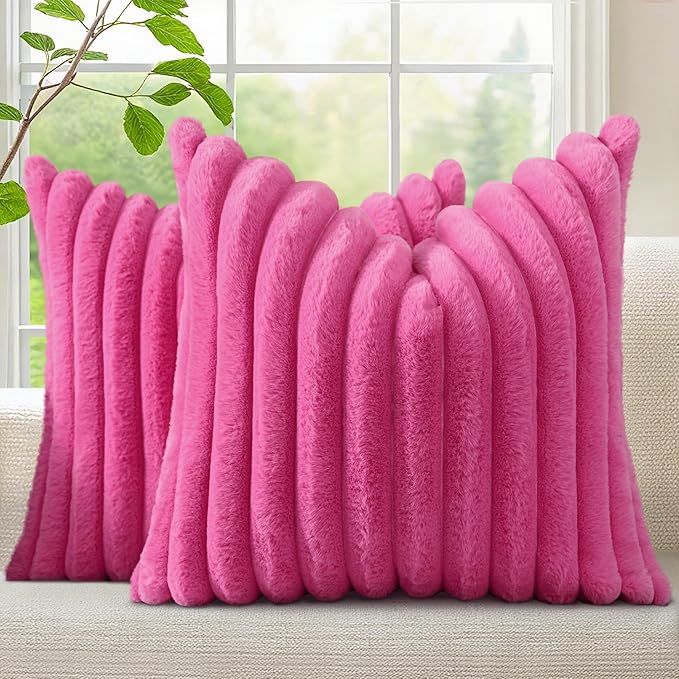 decorUhome Faux Fur Christmas Throw Pillow Covers 22x22 Set of 2, Decorative Soft Plush Striped Neutral Couch Euro Pillow Covers with Velvet Back for Sofa, Bed, Living Room Home Decor, Hot Pink
