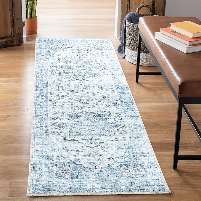 Bloom Rugs Caria Washable Non-Slip 12 ft Runner - Ivory/Blue/Gray Traditional Runner for Entryway, Hallway, Bathroom, and Kitchen - Exact Size: 2'6" x 12'
