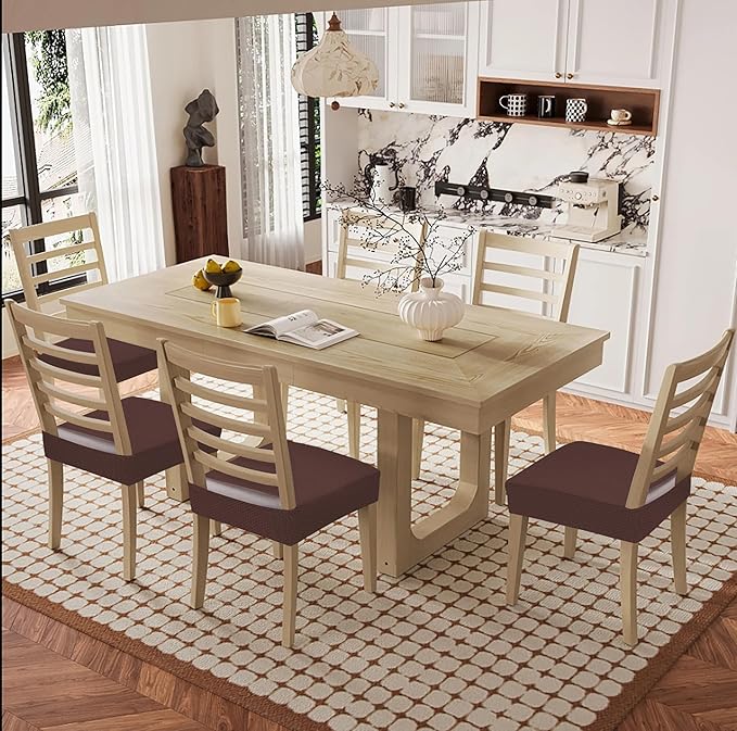 Smiry Waterproof Seat Covers for Dining Room Chairs Set of 8, Stretch Jacquard Removable Washable Chair Seat Slipcovers Protector, No Rear Covers, Light Chocolate