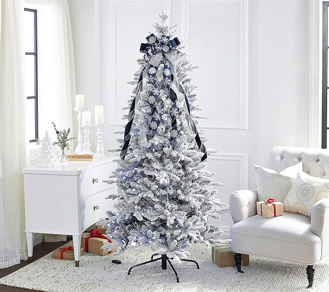 MEEDEE Navy Blue Tree Topper Navy Blue Christmas Tree Topper Bow 12 inch Wide Navy Blue Silver Glitter Yule Tree Wreath Bow Christmas Decorations Silver Snowflake Garland Bow Holiday Lantern (1 Pack)