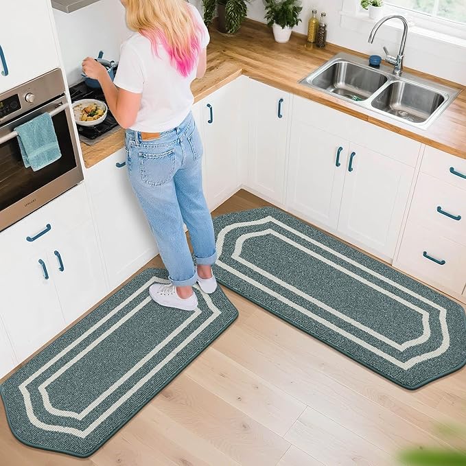 COSY HOMEER Kitchen Rugs and Mats Sets of 2PCS Non Slip Kitchen Mats for Floor Washable Kitchen Runner Stain Resistant Standing Mat for Kitchen,Sink,24"x48"+24"x59",Lake Blue