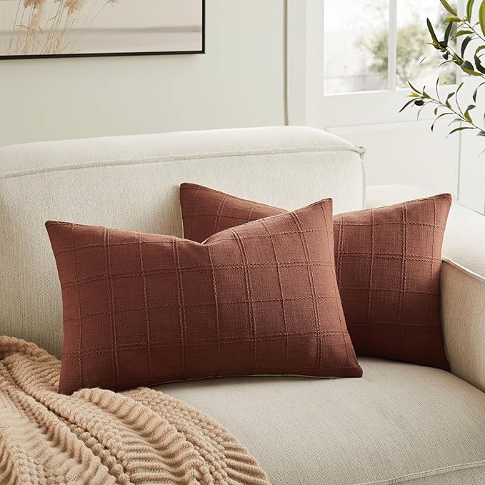 ZeeMart Linen Checked Lumbar Throw Pillow Covers Set of 2, 12x20 Inch Terracota/Cream, Farmhouse Decorative Single Sided Grid Embroidered Couch Pillow Cases Rust Cotton Linen Cushion Covers