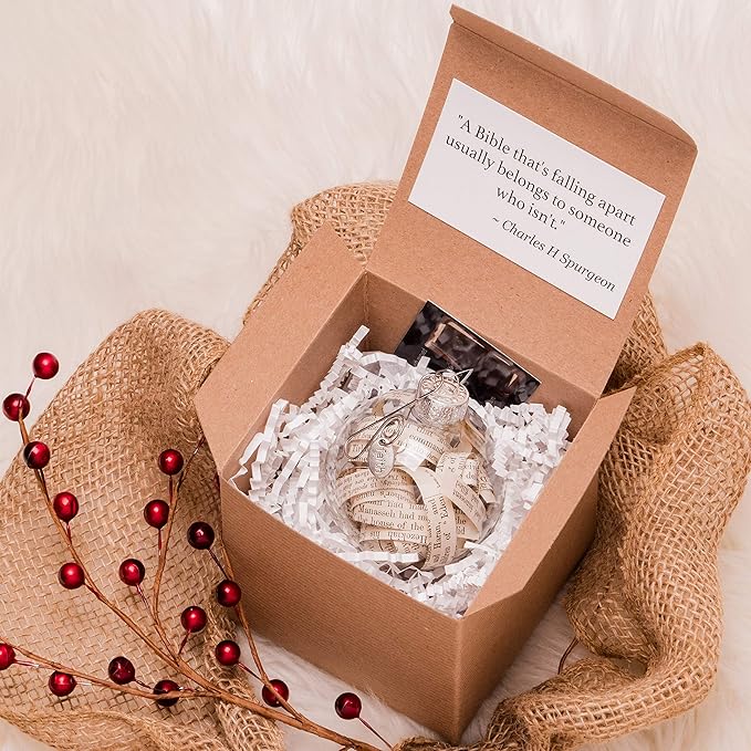 Antique Rescued Bible Glass Globe Christmas Ornaments - Tree Decor with Faith Charm - Hanging Accessories For Home, Room, Office, Church - Unique Gift for Friends, Family, Pastor
