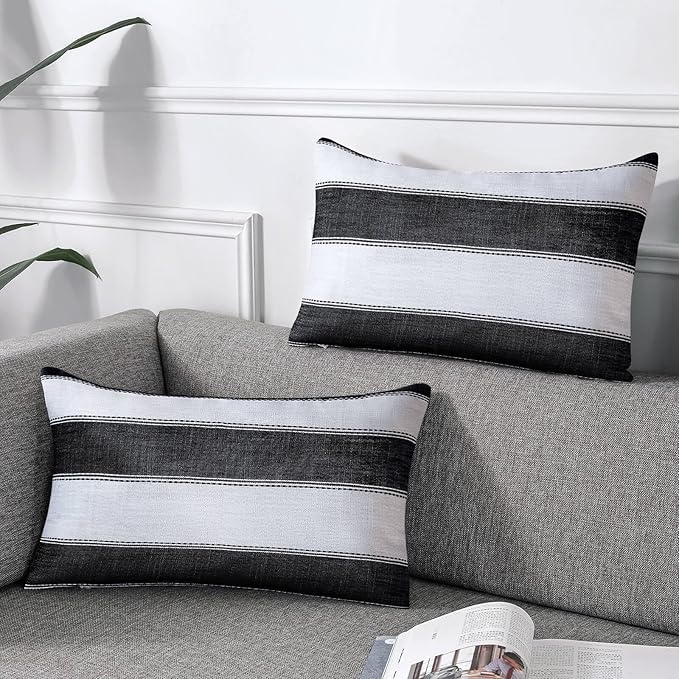AmHoo Pack of 2 Farmhouse Stripe Check Throw Pillow Covers Set Case Cotton Linen Decorative Pillowcases Cushion Cover for Couch Bench Sofa 12x20Inch Black