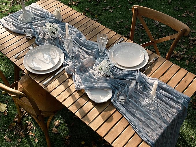Vitalizart Cheesecloth Table Runner 10ft Gauze Boho Rustic Blue Cheese Cloth Table Runner for Wedding Bridal Shower Fall Thanskgiving Decoration 120 Inches
