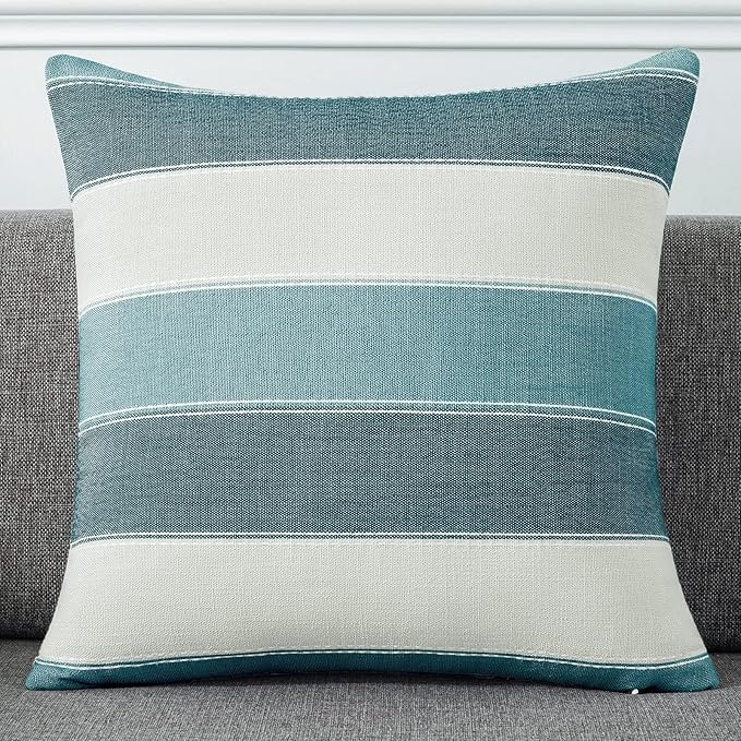 AmHoo Pack of 2 Farmhouse Stripe Check Throw Pillow Covers Set Case Cotton Linen Decorative Pillowcases Cushion Cover for Couch Bench Sofa 24x24Inch Teal Blue