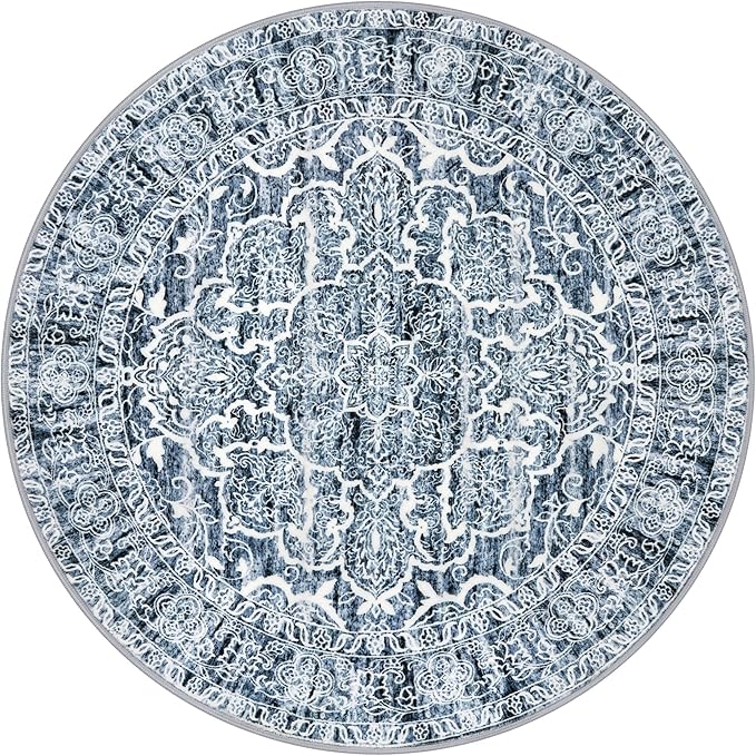 KUTA Vintage Round Rugs 5ft, Blue White Washable Circle Rug 5ft, Non-Slip Printed Floral Medallion Carpet for Living Room, Soft Cozy Dining Kitchen Throw for Entryway