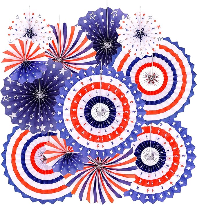 Independence Day Party Hanging Paper Fans Decorations -National Day Patriotic American Theme Birthday Party 4th of July Party Ceiling Hangings Photo Booth Backdrops Decorations, 12pc